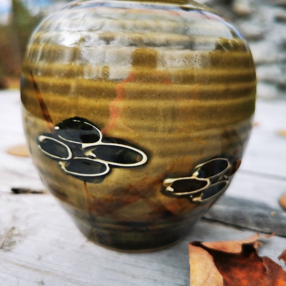 Vintage Abstract Floral Striped Pottery Vase - Picture 3 of 14